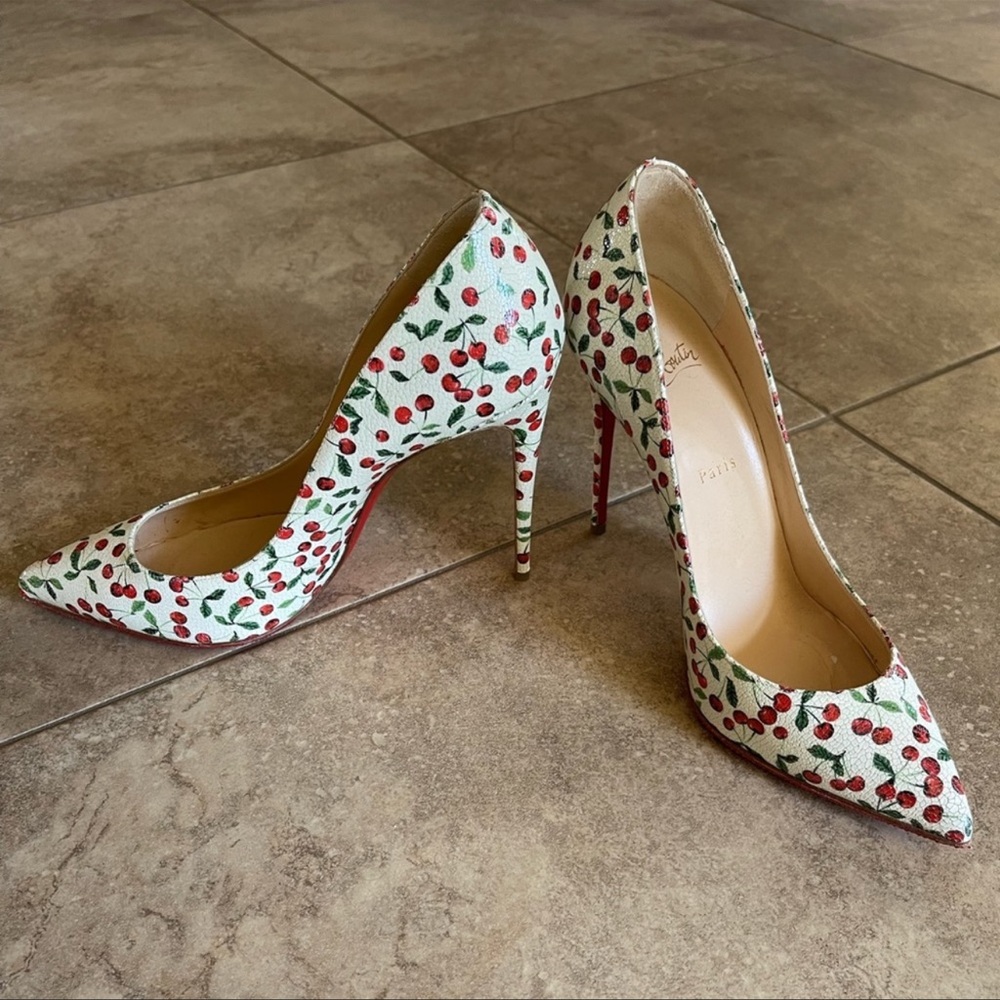 Christian Louboutin Cherry Print Heels - Red and White